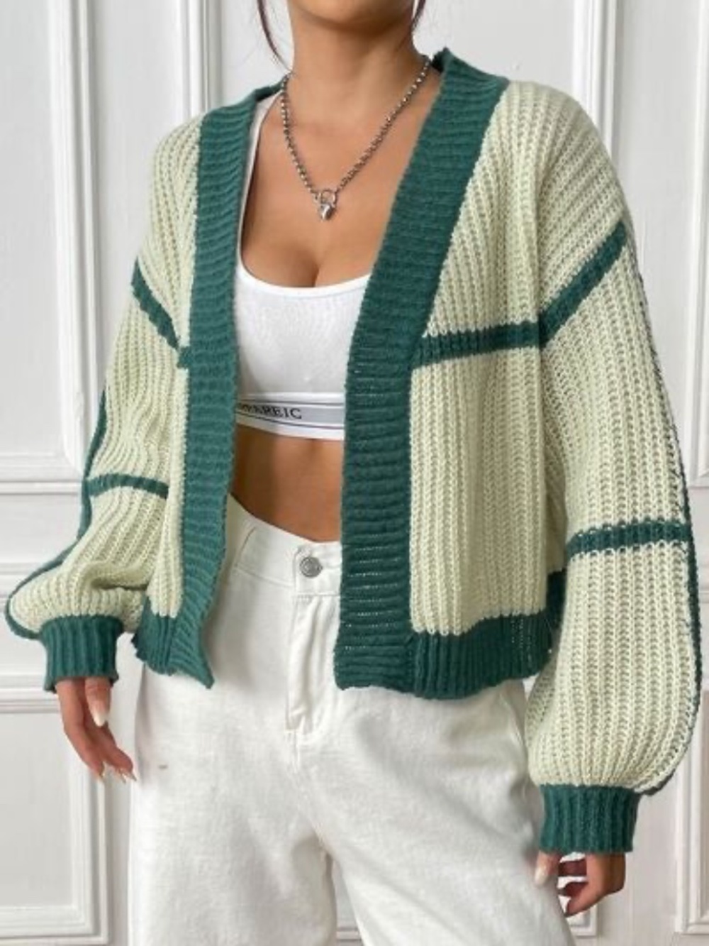 Women's Color Block Crop Cardigan Top Bishop Long Sleeve Striped Open Front Swea